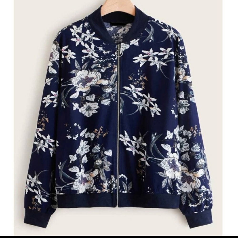Plus Size Navy Floral Print Bomber Jacket